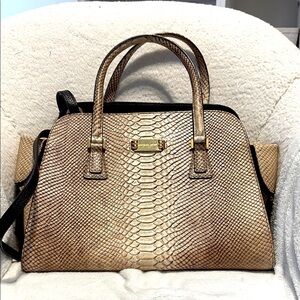 Michael Kors Gia taupe embossed satchel handbag bag with gold glitter